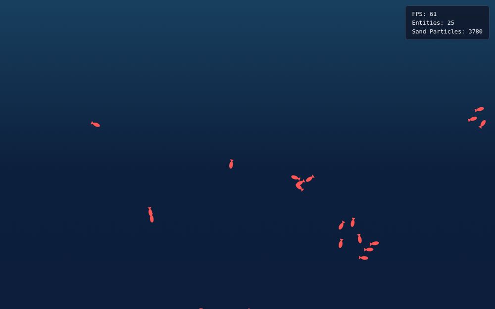 An early prototype: twenty-five red fish drifting over a flat band of sand.