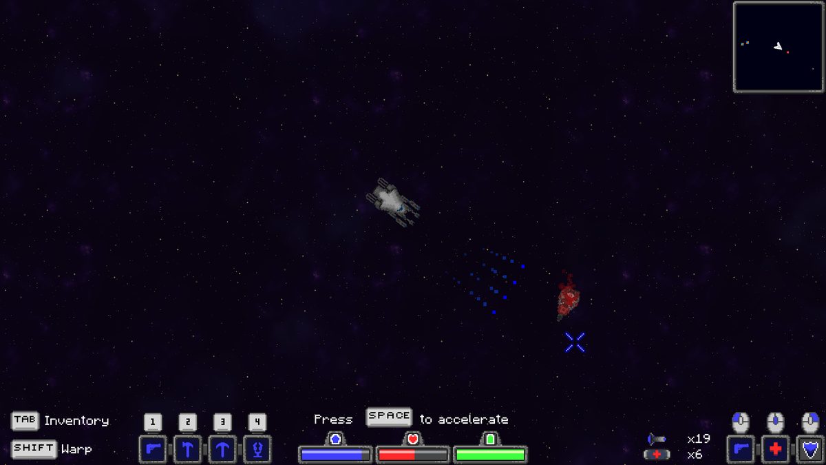 Combat: the player ship firing on a red enemy, projectiles trailing across the starfield, minimap showing contacts.