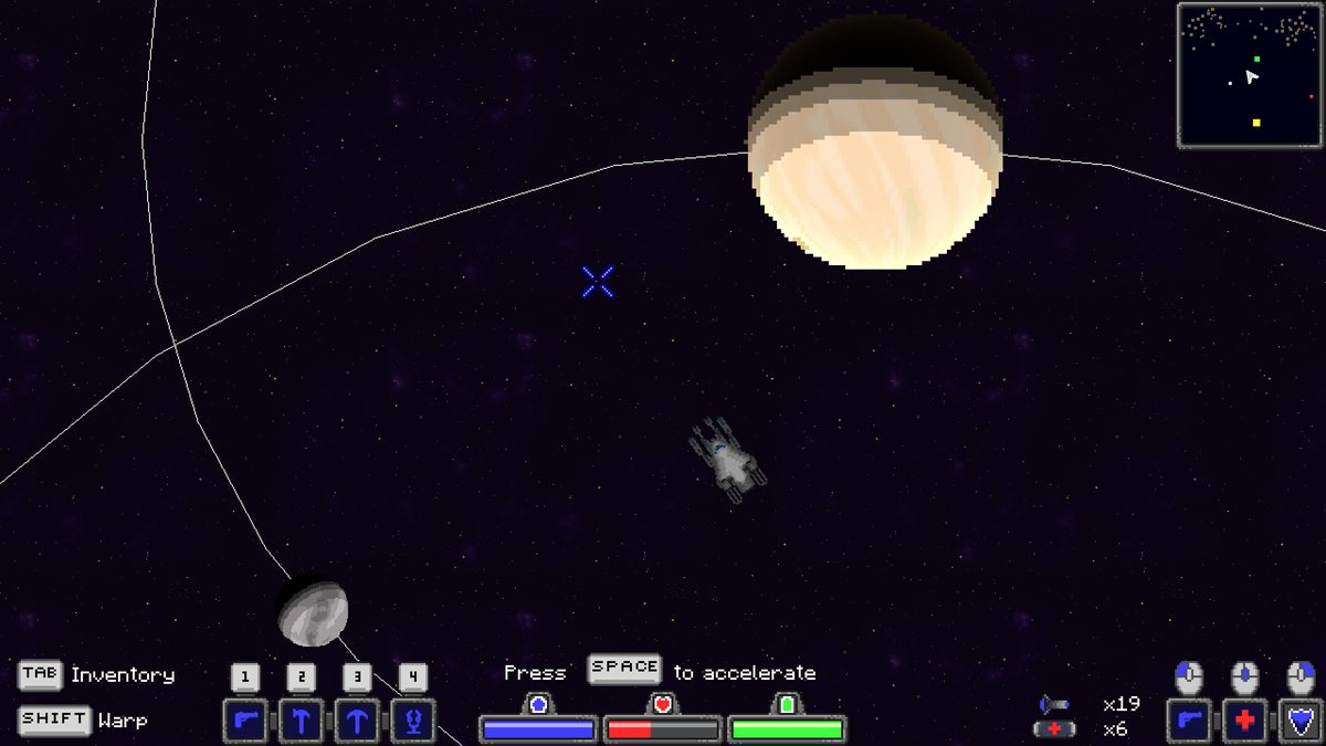 A banded gas giant with orbital paths drawn across the starfield, a moon below, and the player ship between them.
