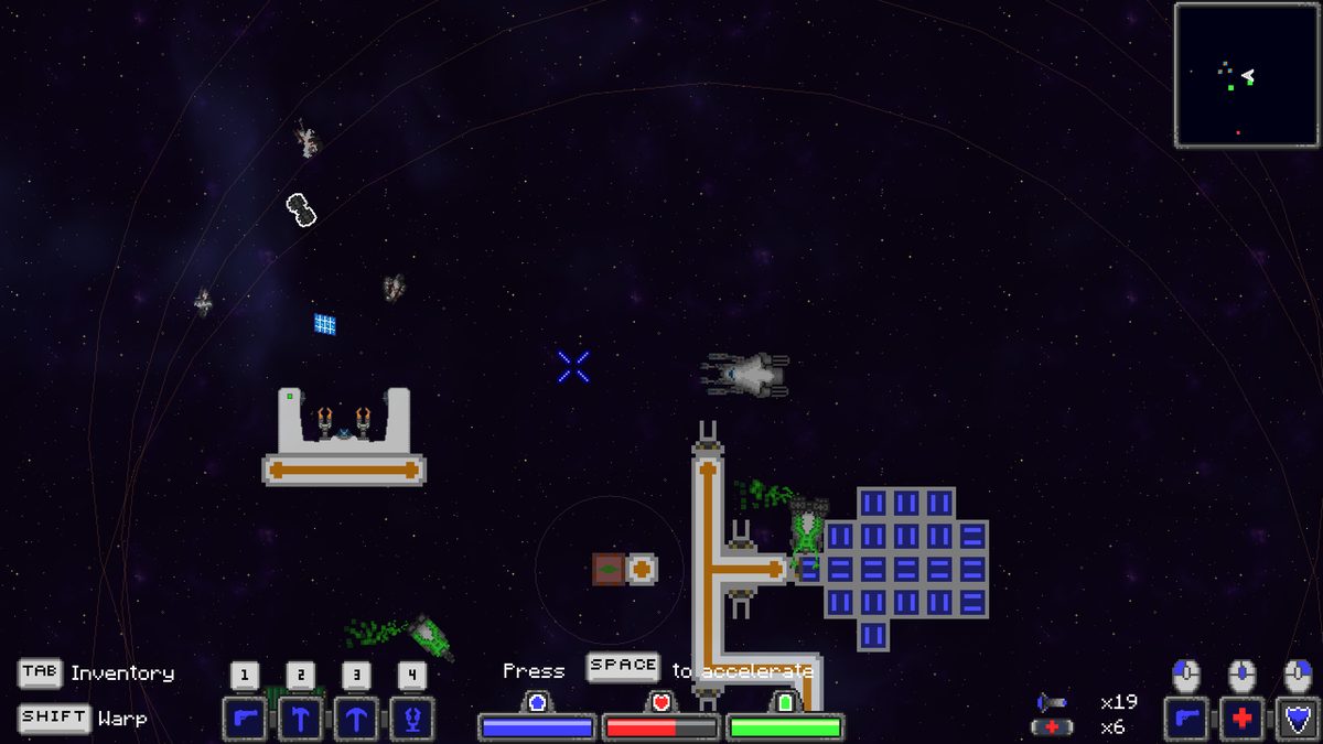 The player ship beside an orbital base built from conduits, solar panel arrays and turrets, with asteroids and drifting wrecks nearby.